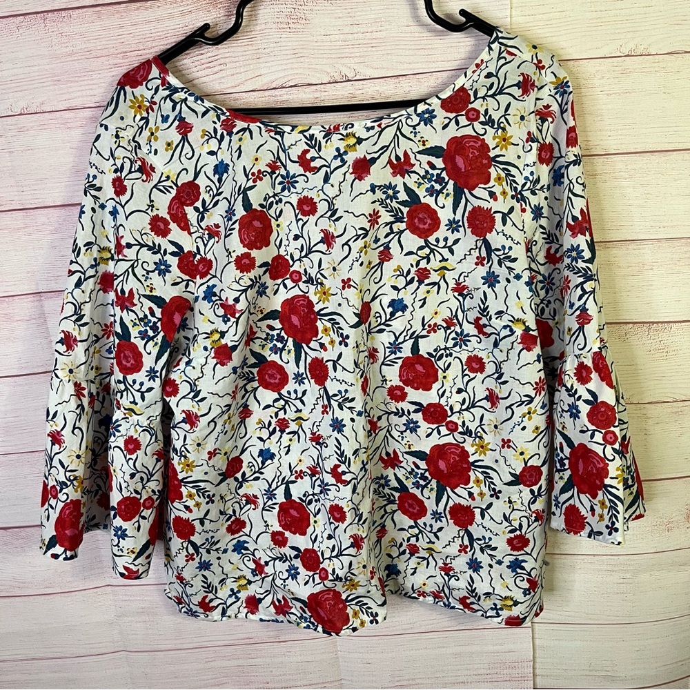 J. Crew Floral Bell Sleeve Back Tie Top Size 12